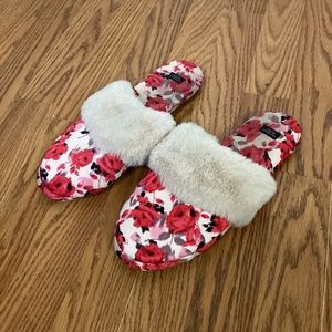 Victoria's Secret Fur Floral Rose Striped SATIN Soft Bedroom Slippers Slides L S